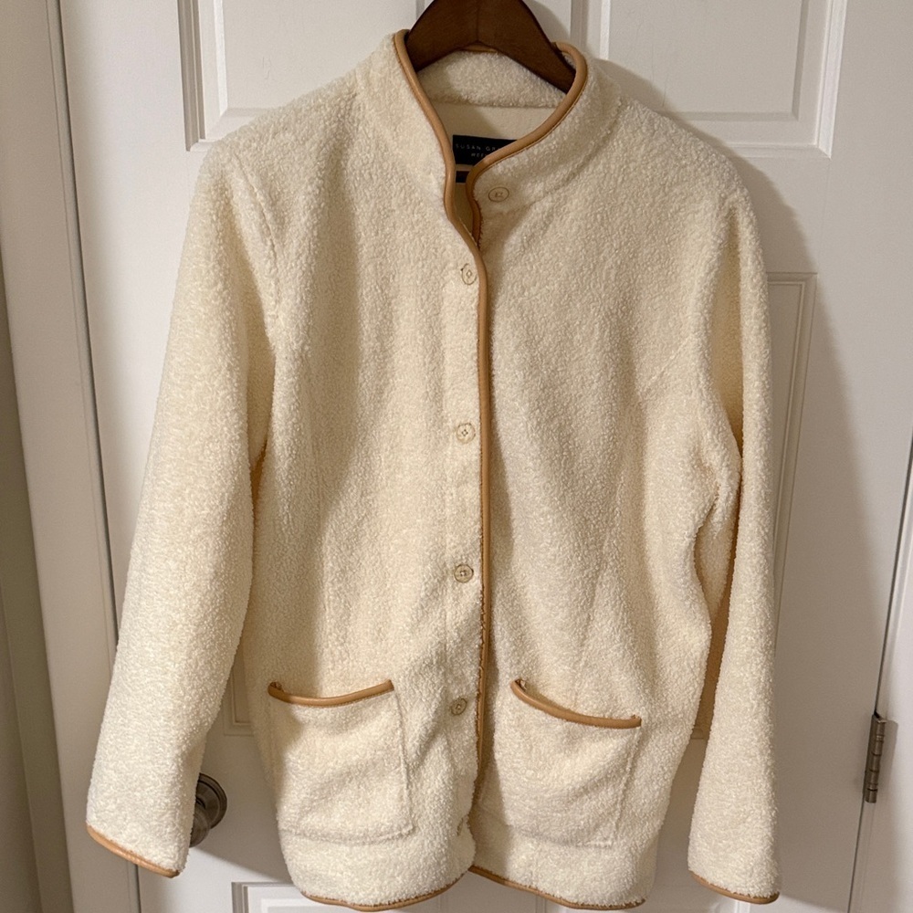 Susan Graver Cream Cozy Teddy Sherpa Fleece Jacket Faux leather trim Size Medium
